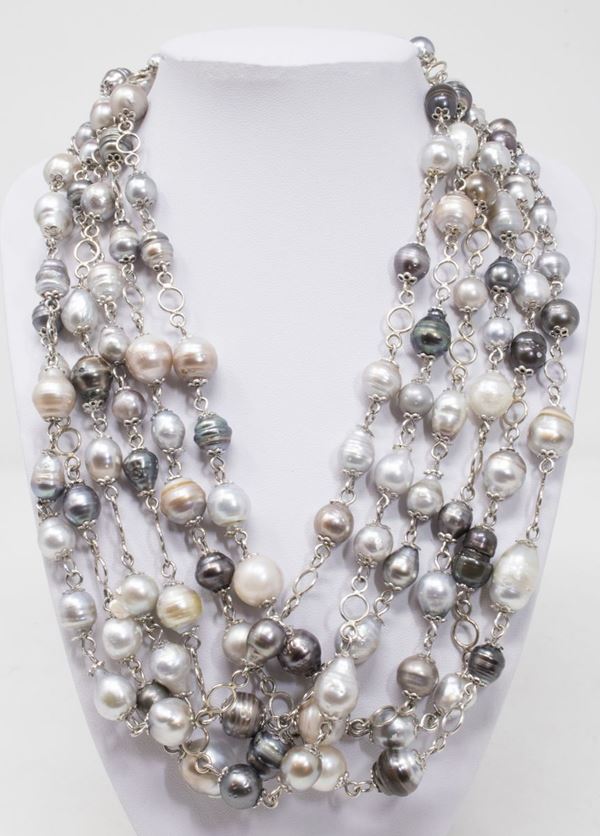 Collana di perle barocche bianche, grigie e nere
