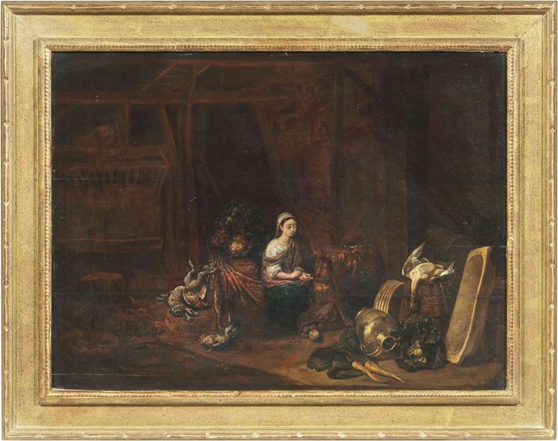 Scuola Fiamminga del XVII Secolo - Interno con Fantesca, Cane, Selvaggina e Oggetti