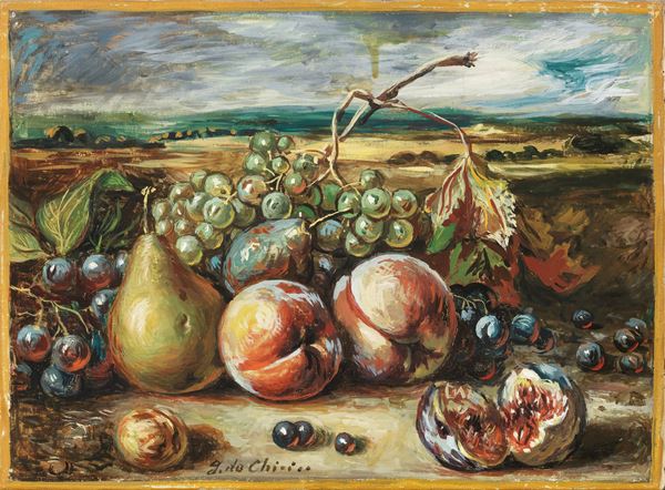 Giorgio de Chirico : Vita silente di frutta in un paese  (fine anni Cinquanta)  - Olio su tela - Asta Arte Moderna - II - Casa d'aste Farsettiarte