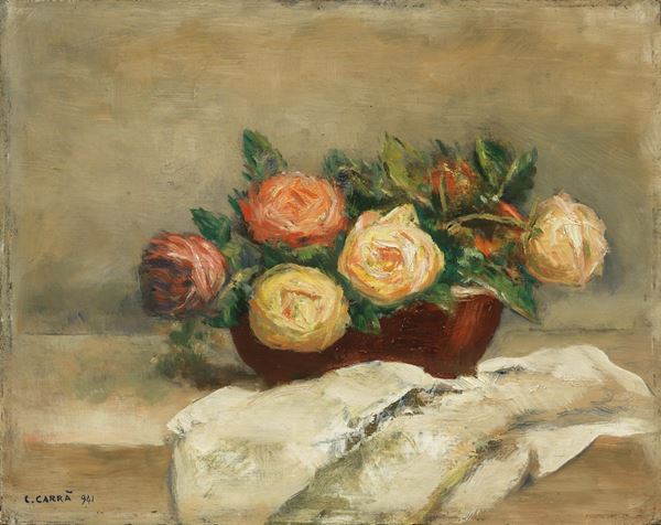Carlo Carr&#224; : Cesto di rose  (1941)  - Olio su cartone telato - Auction Modern Art - II - Casa d'aste Farsettiarte