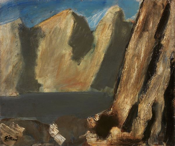 Mario Sironi : Paesaggio con montagne  (1932 ca.)  - Olio su tavola - Asta Arte Moderna - II - Casa d'aste Farsettiarte