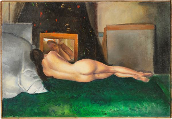 Romano Stefanelli : Bozzetto per il «Nudo allo specchio»  (1971)  - Olio su tavola - Asta Arte Moderna e Contemporanea - I - Casa d'aste Farsettiarte