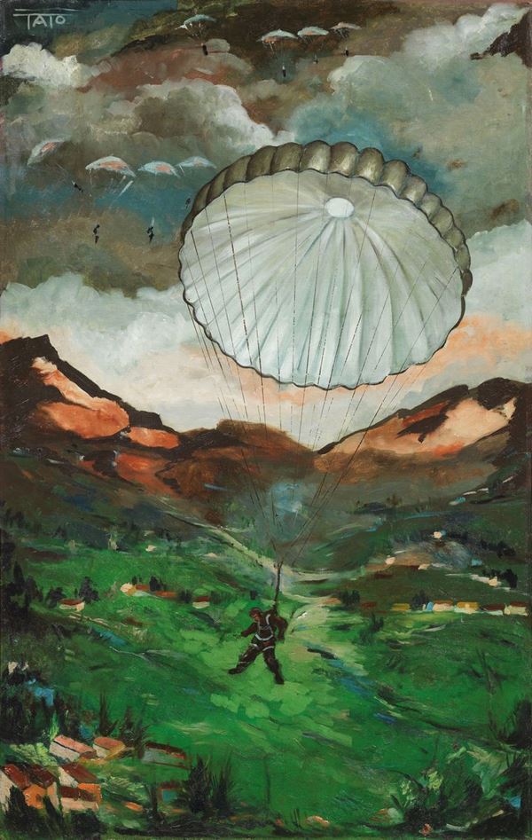 Tato : Paracadutisti  (anni Quaranta)  - Olio su tela - Auction Modern Art - II - Casa d'aste Farsettiarte