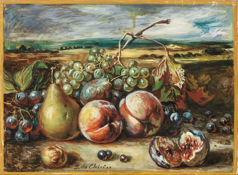 Giorgio De Chirico - Vita Silente di Frutta in un Paese
