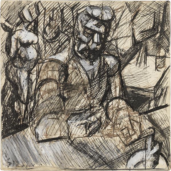 Mario Sironi : Figura e nudo  (1914)  - Inchiostro e biacca su carta applicata su tela - Auction Modern Art - II - Casa d'aste Farsettiarte