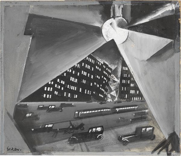 Mario Sironi : Paesaggio urbano  (1925)  - Tecnica mista su cartone - Asta Arte Moderna - II - Casa d'aste Farsettiarte