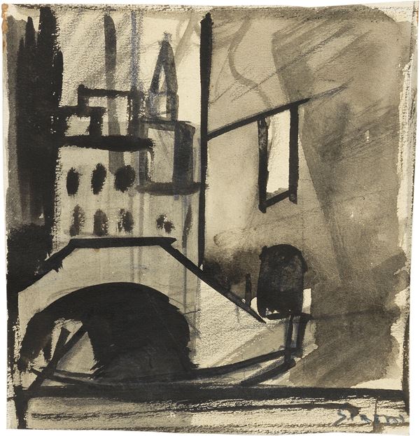 Mario Sironi : Paesaggio con ponte  (1922 ca.)  - Inchiostro su carta - Asta Arte Moderna - II - Casa d'aste Farsettiarte