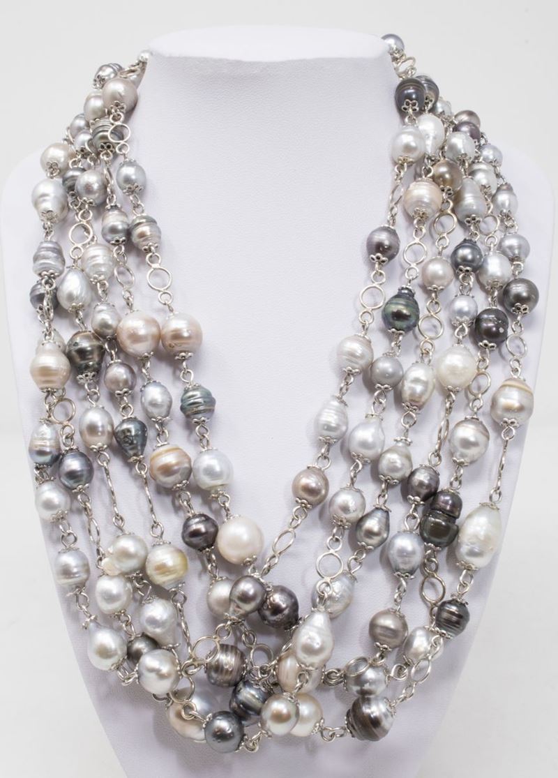 Collana di Perle Barocche Bianche, Grigie e Nere