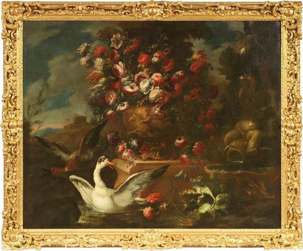 Andrea Belvedere (attr. a) : Natura morta con vaso di fiori e volatili  - Olio su tela - Asta Importanti Sculture e Dipinti Antichi - I - Casa d'aste Farsettiarte
