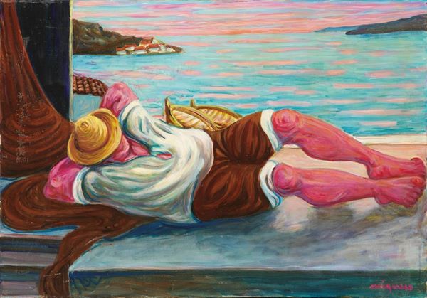 Giuseppe Migneco : Pescatore che dorme  (1978)  - Olio su tela - Asta Arte Moderna - II - Casa d'aste Farsettiarte