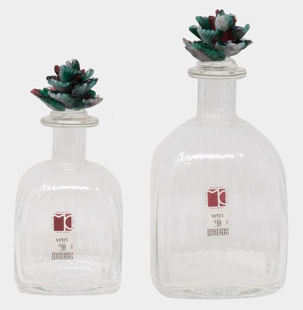 Carlo Moretti due bottiglie da liquore in vetro incolore con tappi