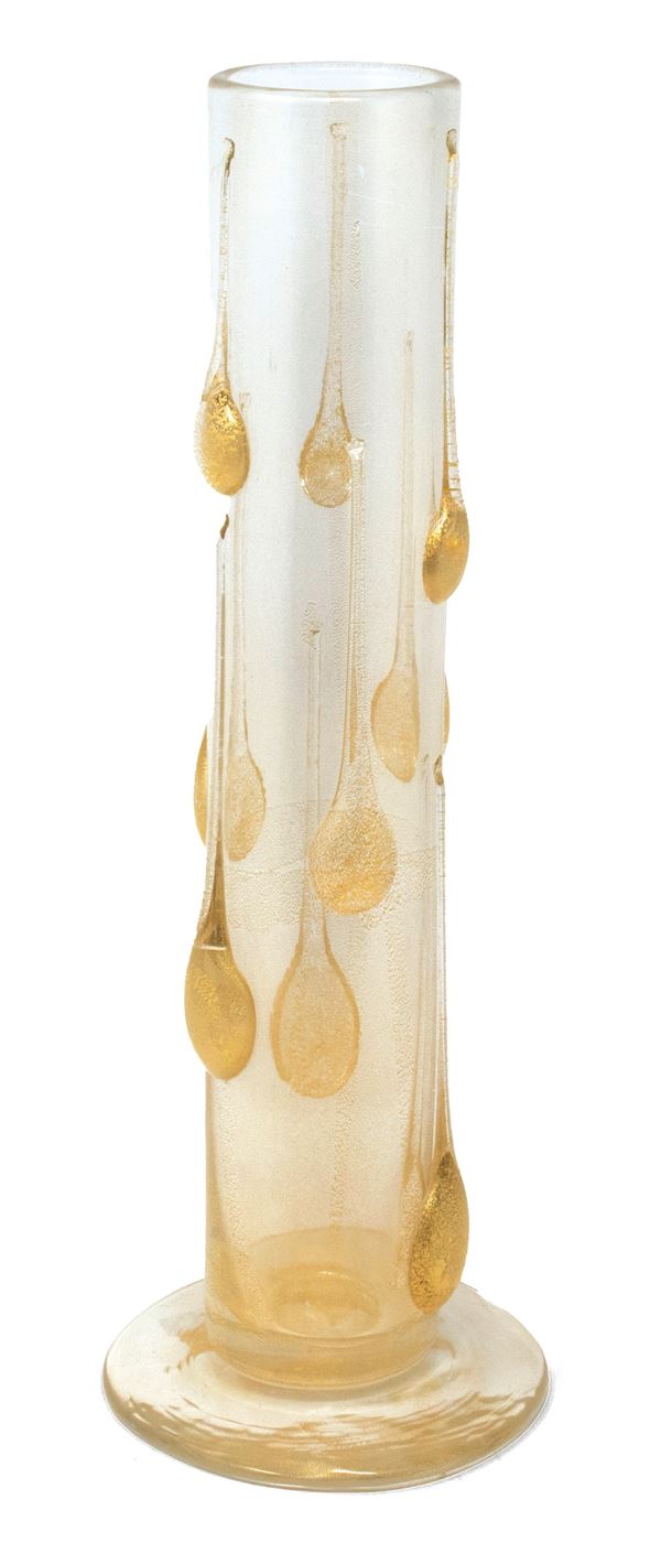 Cleto Munari alto vaso in vetro ambra con inclusioni a caldo in oro