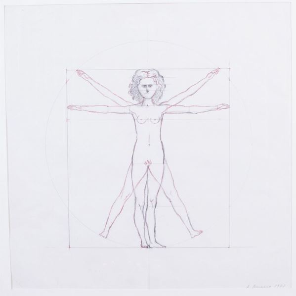 Antonio Bueno : Nudo vitruviano  (1972)  - Matita e penna su carta - Asta Parade III - Arte del Novecento, Contemporanea e Grafica - Casa d'aste Farsettiarte