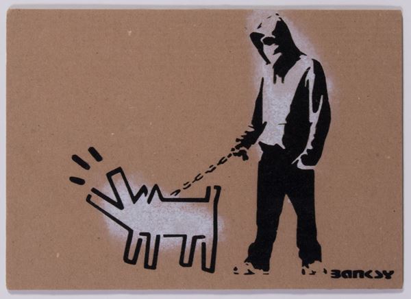 Banksy : Haring Dog  (2015)  - Stencil e spray su cartone - Asta Parade III - Arte del Novecento, Contemporanea e Grafica - Casa d'aste Farsettiarte