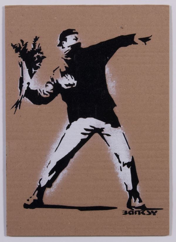 Banksy : Love is in the Air (Flower Thrower)  (2015)  - Stencil e spray su cartone - Asta Parade III - Arte del Novecento, Contemporanea e Grafica - Casa d'aste Farsettiarte