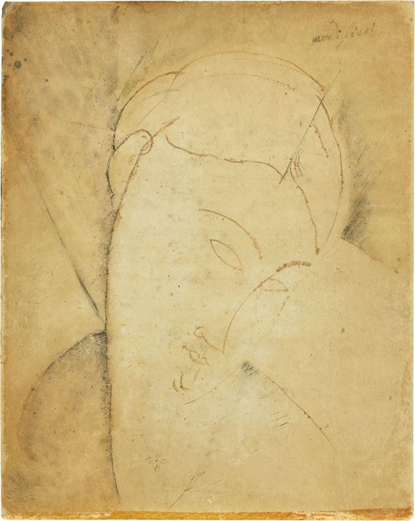 Amedeo Modigliani : Portrait de femme au pendentif (Portrait de femme au chignon)  (1915)  - China e tecnica mista su carta applicata su cartone - Auction Modern Art - II - Casa d'aste Farsettiarte