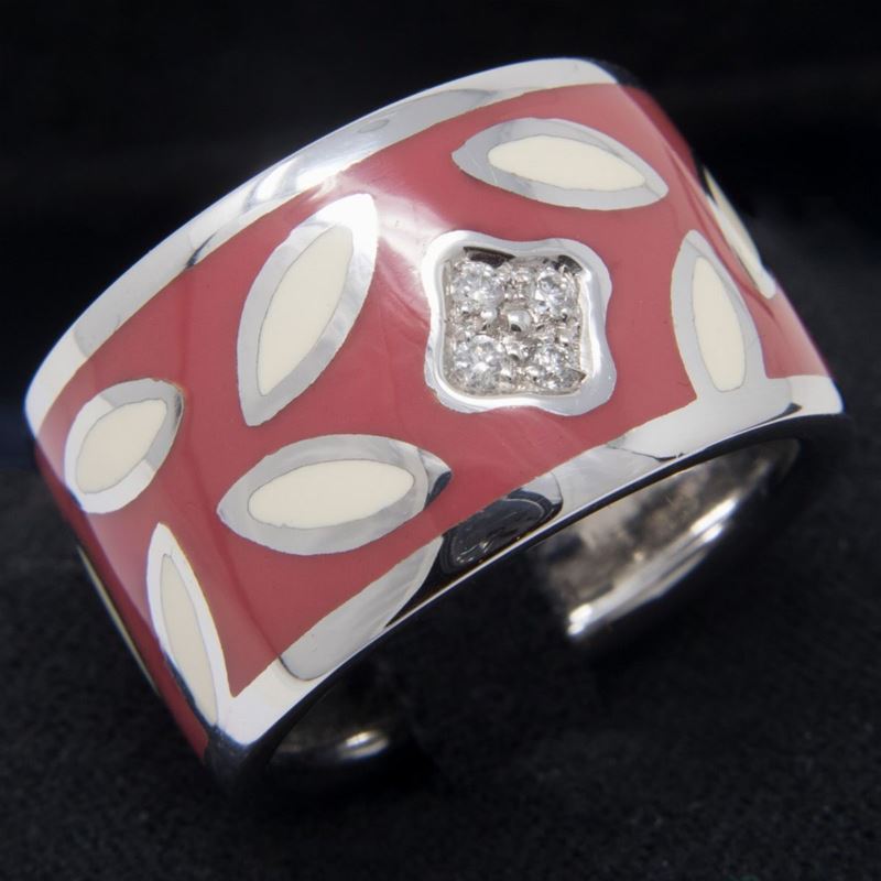Anello a Fascia in Oro Bianco con Smalti e Brillanti