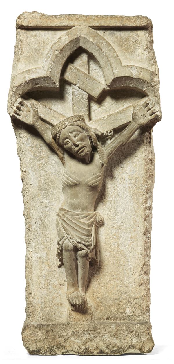 Scuola romanica Italia settentrionale del XIII secolo - Cristo crocifisso in arco trilobato