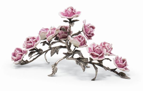 Centrotavola in argento e porcellana a tralcio di rosa  - Asta L'Arte della Tavola - Casa d'aste Farsettiarte