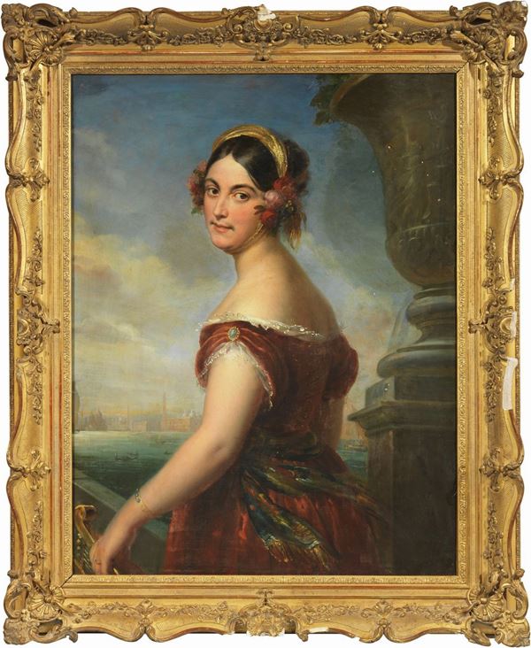 Ignoto pittore romantico del XIX secolo - Ritratto di gentildonna con Venezia sullo sfondo