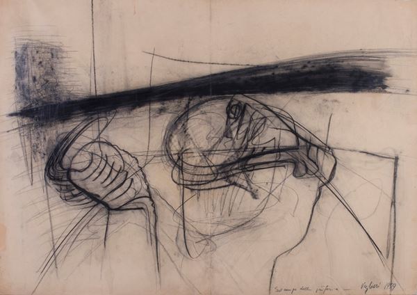 Tino Vaglieri : Sul campo della periferia  (1959)  - Carboncino su carta applicata su tela - Asta PARADE V - Arte Contemporanea - Casa d'aste Farsettiarte