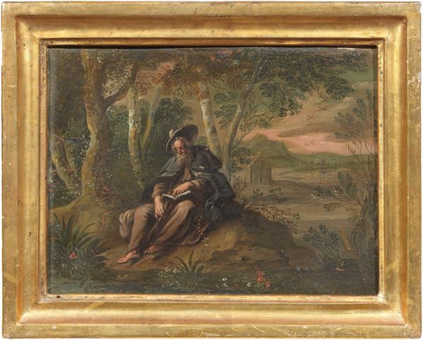 Jan Brueghel il Vecchio (ambito di) : Chierico in lettura e preghiera  - Olio su rame - Asta Importanti Sculture e Dipinti Antichi - I - Casa d'aste Farsettiarte