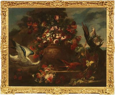 Natura Morta con Vaso di Fiori e Volatili