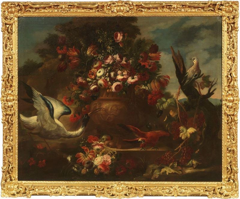 Andrea Belvedere (attr. A) - Natura Morta con Vaso di Fiori e Volatili