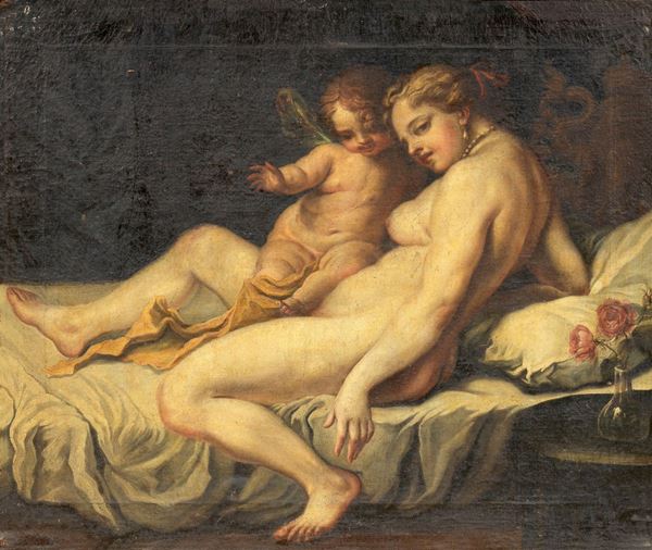 Pietro Negri (ambito di) : Venere con amorino  - Olio su tela - Asta Importanti Sculture e Dipinti Antichi - I - Casa d'aste Farsettiarte