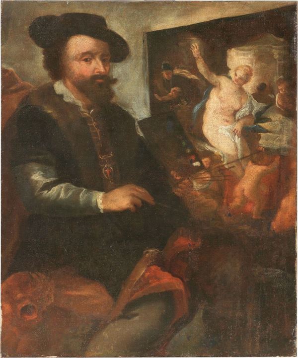 Luca Giordano (bottega di) : Ritratto di Rubens che dipinge l'«Allegoria della Pace»  - Olio su tela - Asta Importanti Sculture e Dipinti Antichi - I - Casa d'aste Farsettiarte