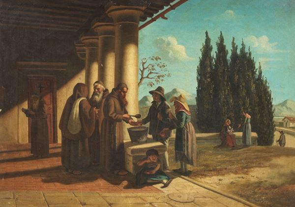 Scuola italiana del XIX secolo - Coppia di dipinti raffiguranti «Scena di vita francescana»