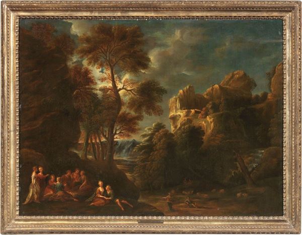 Cornelis Huysmans : Paesaggio con scena galante  - Olio su tela - Asta Importanti Sculture e Dipinti Antichi - I - Casa d'aste Farsettiarte