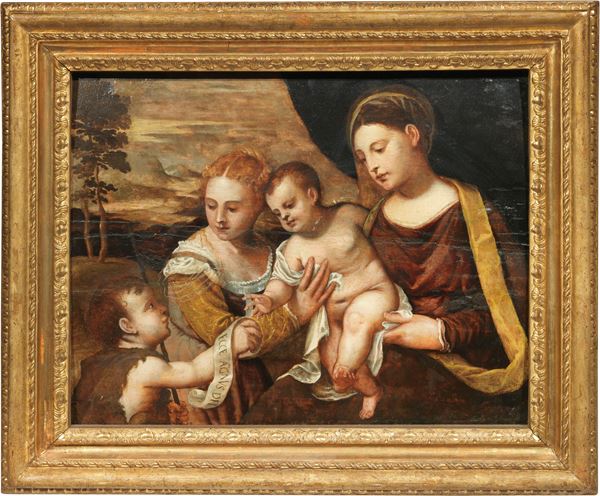 Scuola veneta del XVI secolo - Madonna col Bambino, San Giovannino e Santa