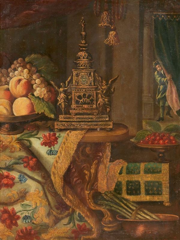 Scuola lombarda del XVIII secolo : Natura morta con orologio e frutta in un interno  - Olio su tela - Asta Importanti Sculture e Dipinti Antichi - I - Casa d'aste Farsettiarte