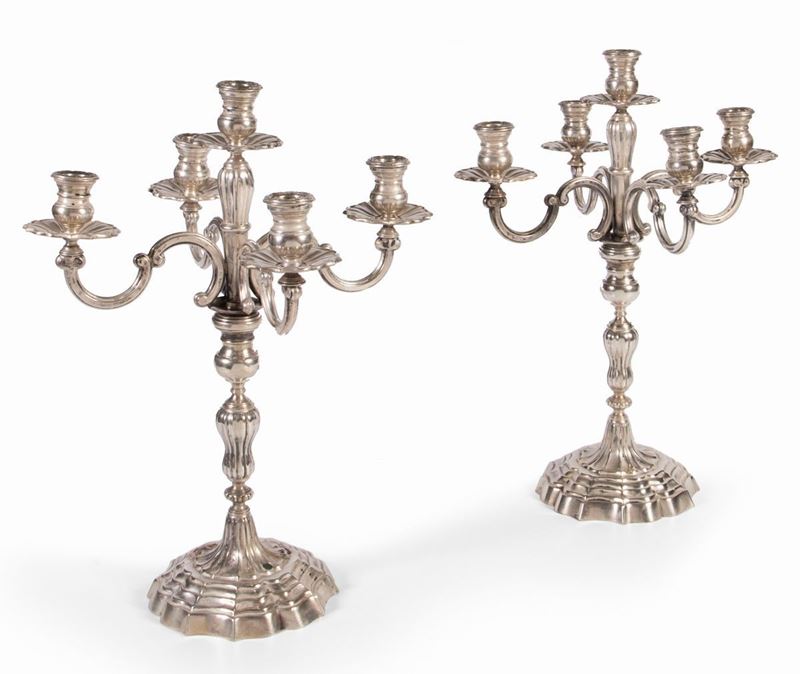 Brandimarte Coppia di Candelabri a Cinque Fiamme in Argento