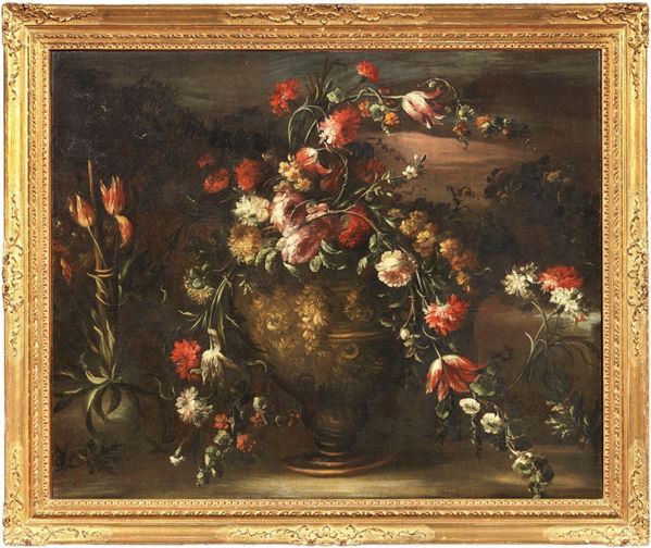 Francesco Guardi (attr. a) : Natura morta con fiori e un vaso sbalzato  - Olio su tela - Asta Importanti Sculture e Dipinti Antichi - I - Casa d'aste Farsettiarte