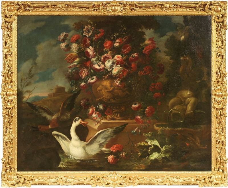 Andrea Belvedere (attr. A) - Natura Morta con Vaso di Fiori e Volatili