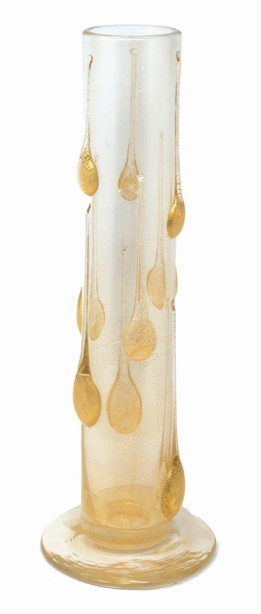 Cleto Munari Alto Vaso in Vetro Ambra con Inclusioni a Caldo in Oro