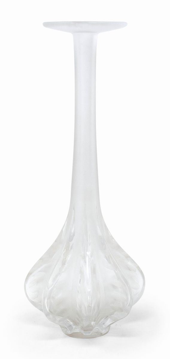 Lalique vaso monofiore in vetro pressato incolore e satinato Marie Claude