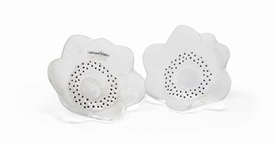 Lalique Coppia di Anémone Ouverte in Vetro Pressato Incolore, Satinato e Smaltato