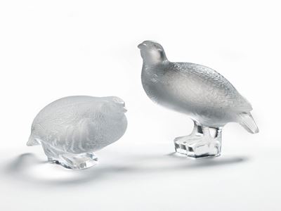 Lalique Pernici «perdrix Couchée» e «perdrix Inquiète» in Vetro Pressato Incolore e Satinato