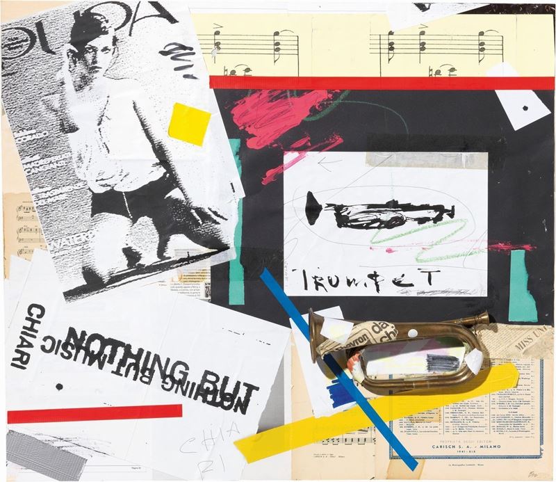 Giuseppe Chiari - Trumpet, tecnica mista e collage su tavola