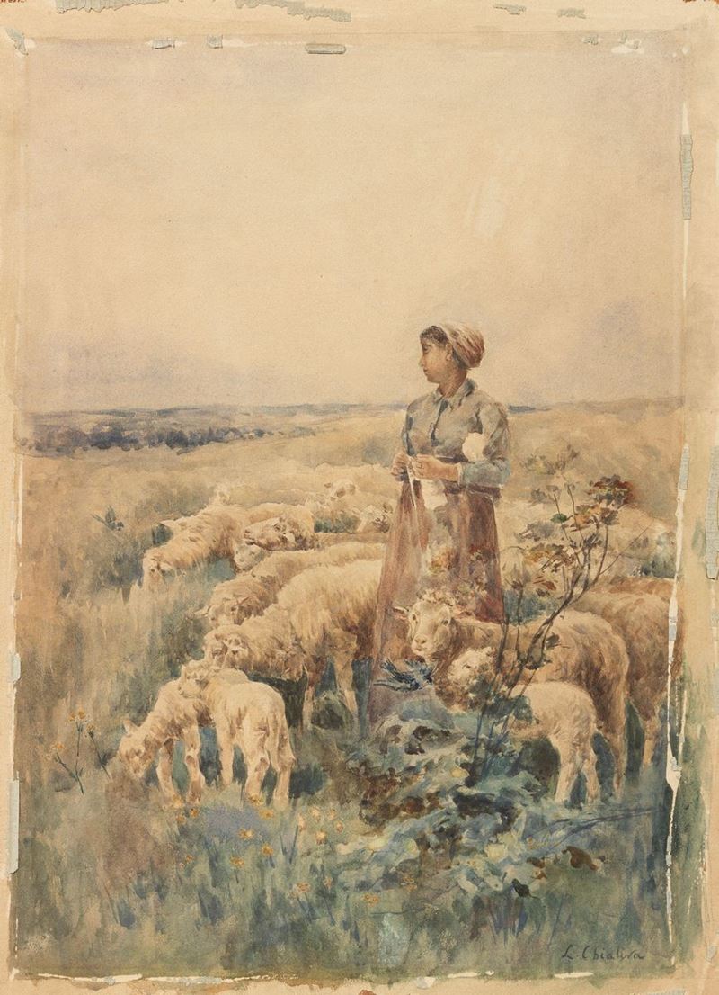 Luigi Chialiva - Pastorella con Gregge