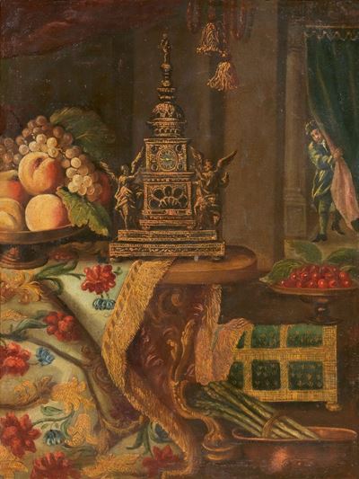 Natura Morta con Orologio e Frutta in un Interno