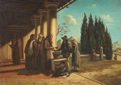 Coppia di Dipinti Raffiguranti «scena di Vita Francescana»