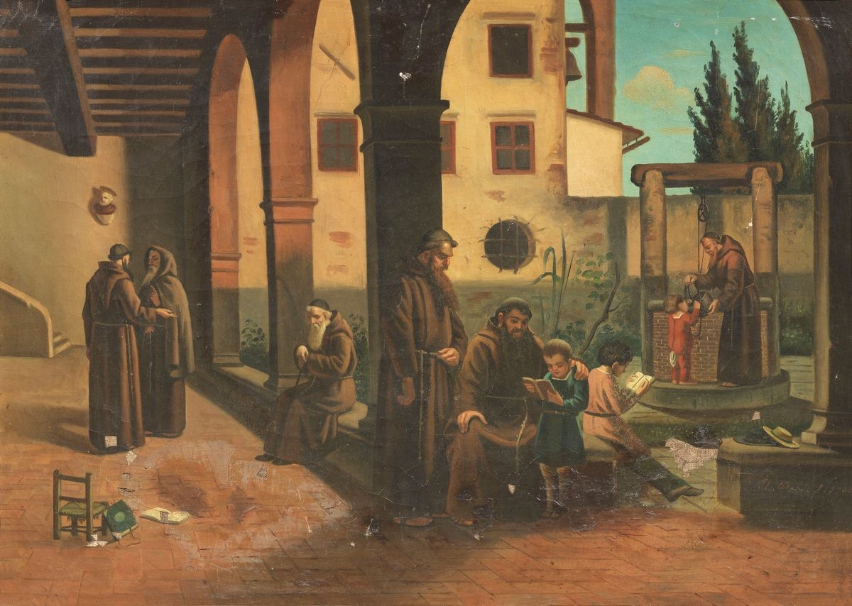 Scuola Italiana del XIX Secolo - Coppia di Dipinti Raffiguranti «scena di Vita Francescana»