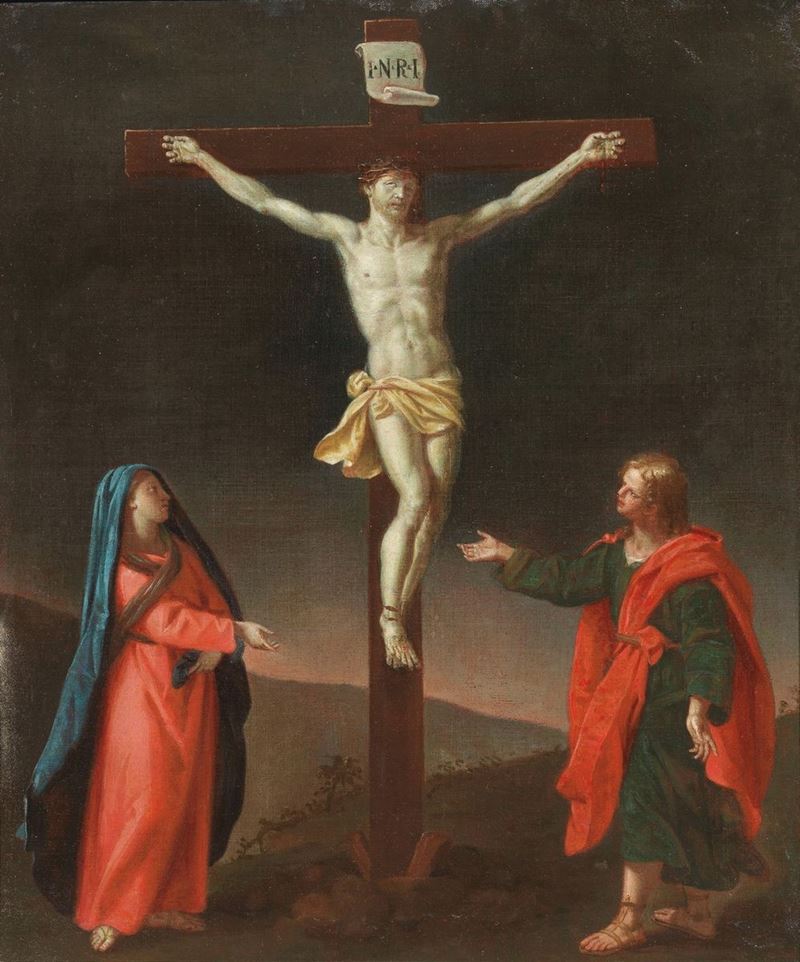 Scuola Emiliana del XVII Secolo - Crocifissione con Maria e San Giovanni