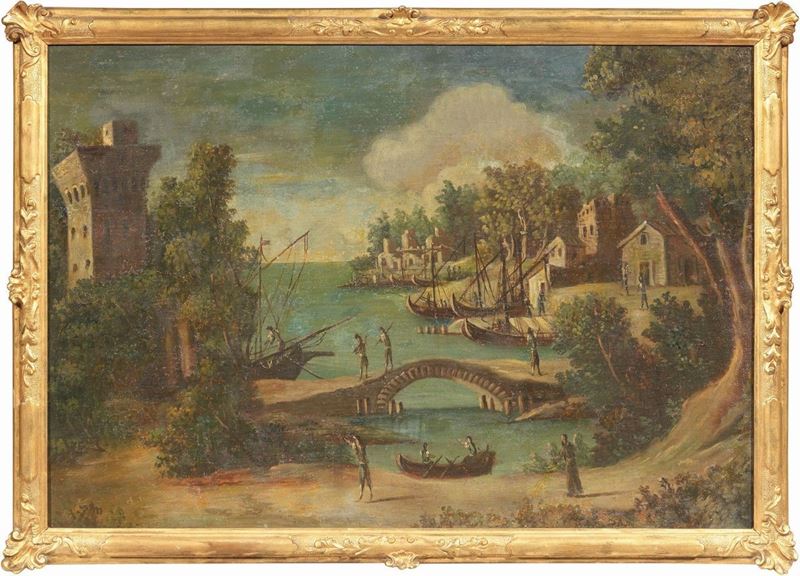 Scuola Nordica del XVII Secolo - Paesaggio Marino con Torre e Figure