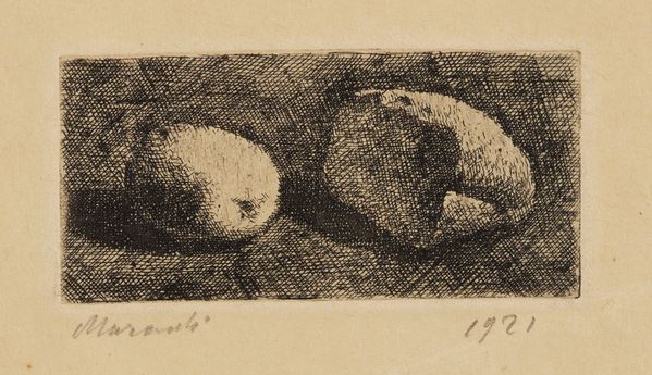 Giorgio Morandi : Natura morta con pane e limone  (1921)  - Acquaforte su rame - Asta Arte Moderna - II - Casa d'aste Farsettiarte