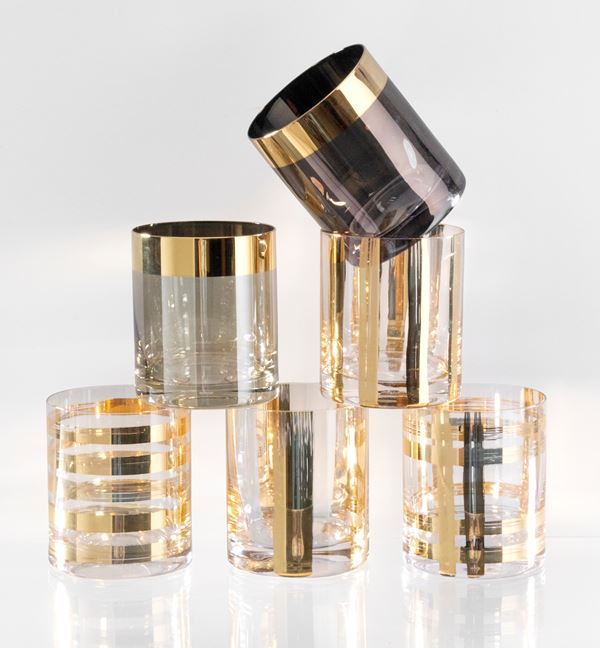 Dodici bicchieri in vetro soffiato trasparente IVV (Industria Vetraria Valdarnese) "Liquid Gold"